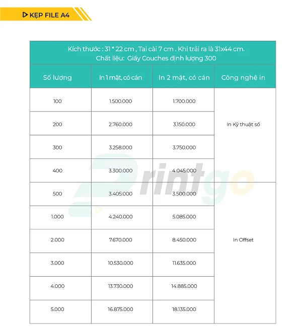 Bảng báo giá in kẹp file A4 nhiều ưu đãi hấp dẫn 