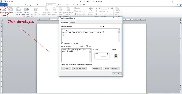 Các bước tạo file thiết kế phong bì thư bằng word