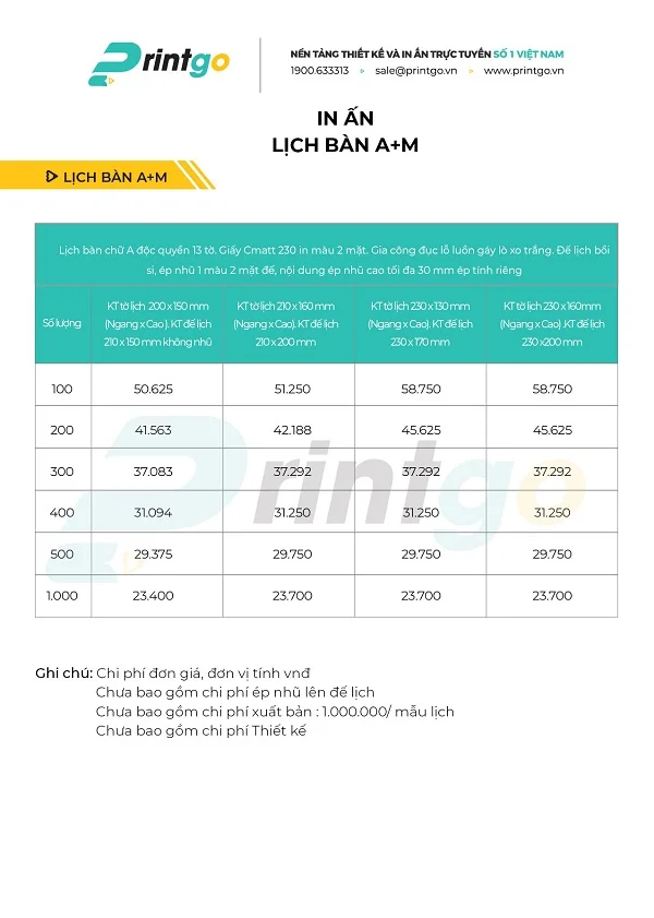 Bảng báo giá in lịch để bàn độc quyền
