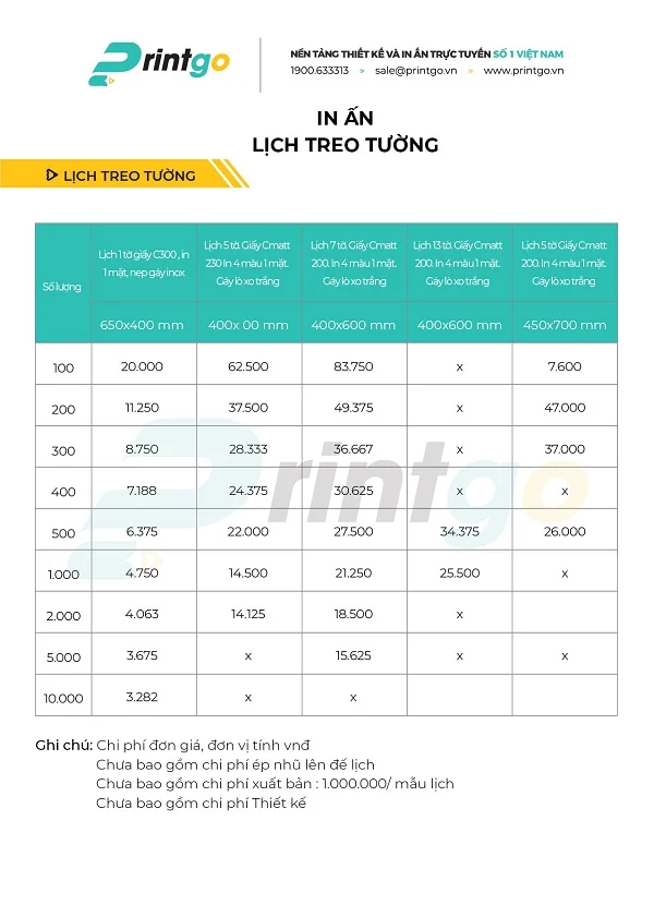 Bảng báo giá in lịch treo tường độc quyền