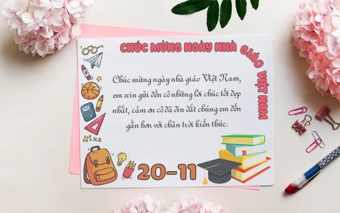 Mẫu thiệp 20/11 trang trí những dụng cụ học tập xinh xắn