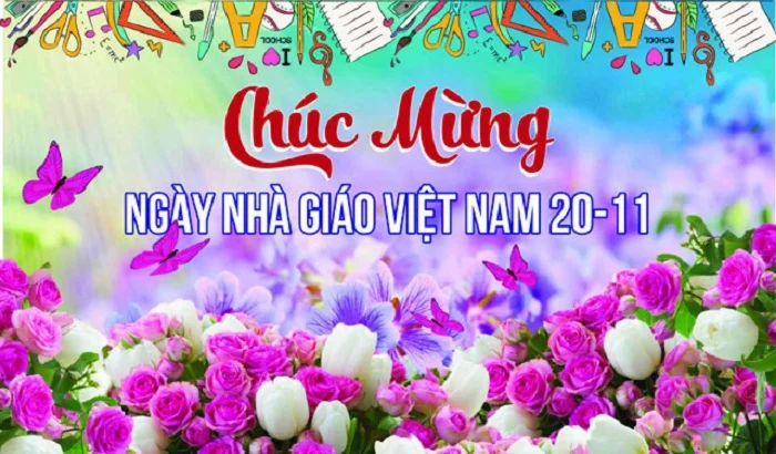 Ảnh 20/11 đa sắc màu với hoa tươi, thước kẻ, tập vở, cây kéo