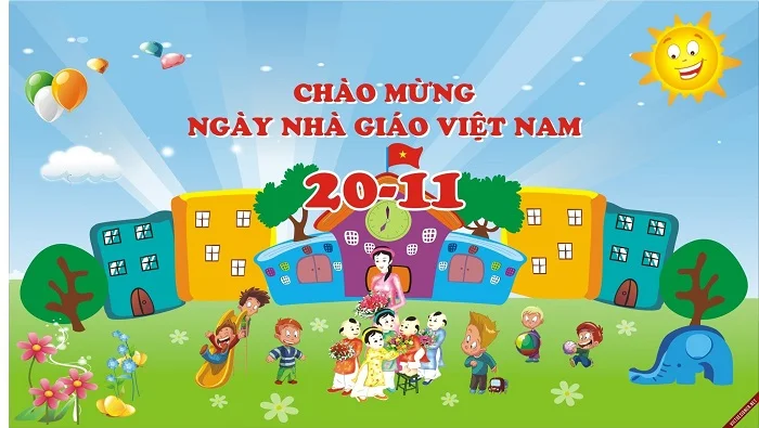 Backgroud 20/11 của trường mầm non với khung cảnh cô trò đông vui, nhộn nhịp