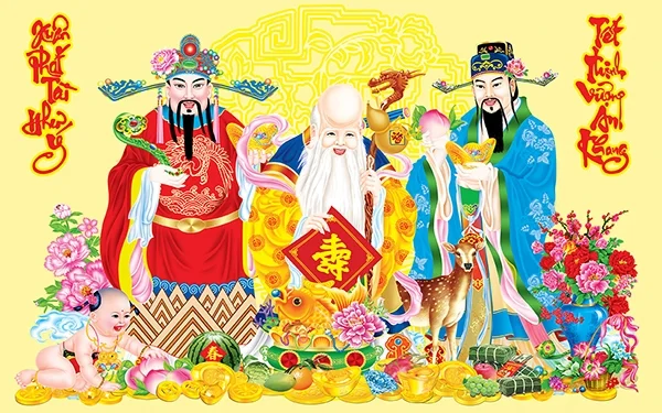 Thiệp chúc mừng năm mới không thiếu hình ảnh ba ông Phúc - Lộc - Thọ