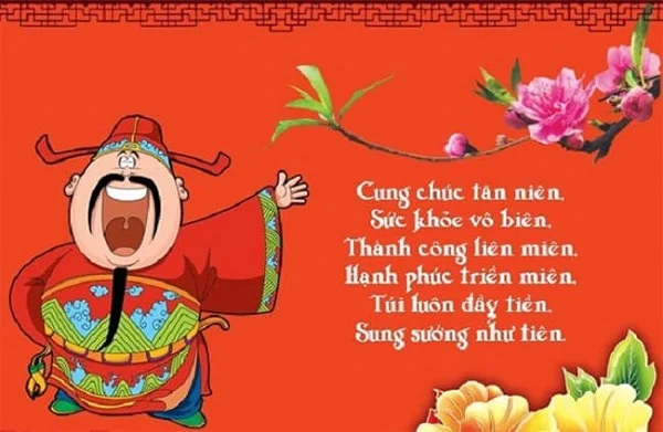 Thiệp chúc mừng năm mới 2022 kết hợp hình ảnh ông thần tài và bài thơ chúc tết hài hước