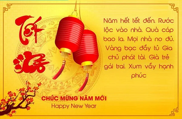 Thiệp năm mới kết hợp hài hào giữa sắc đỏ tài lộc và sắc vàng vui tươi