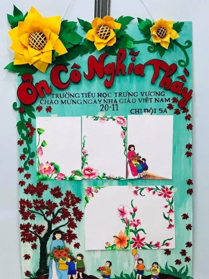 Chủ đề "Ơn nghĩa thầy cô" được sử dụng phổ biến trong việc trang trí báo tường 20/11