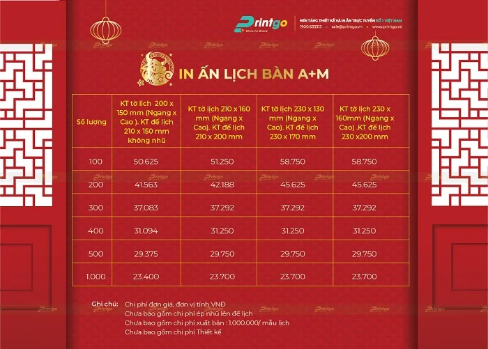 Bảng báo giá in lịch độc quyền cập nhật chính xác nhất hiện nay