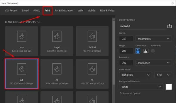Cách tạo khổ giấy A4 trong photoshop theo chiều dọc
