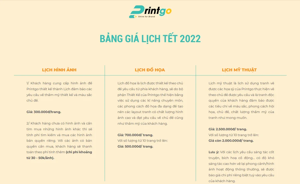 Printgo cập nhật bảng báo giá in lịch tết 2025 mới nhất
