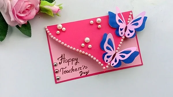 Thiệp 20/11 handmade 3D có nắp được đính hạt cườm trắng