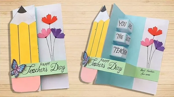 Thiệp 2D có hình bút chì, hoa giấy và hình con bướm