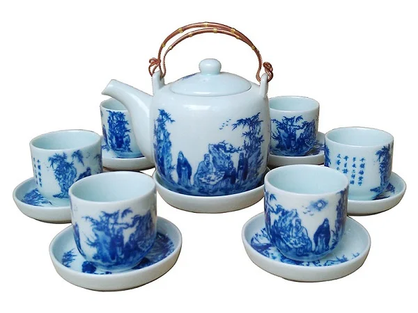 Bộ ấm trà bát tràng cao cấp men lam cổ