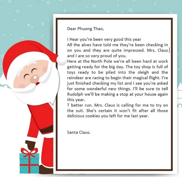 Tham khảo cách viết thư cho ông già Noel bằng tiếng Anh của bạn Phương Thảo