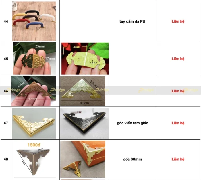 Bảng báo giá phụ kiện dành cho hộp đựng sản phẩm cao cấp của Printgo