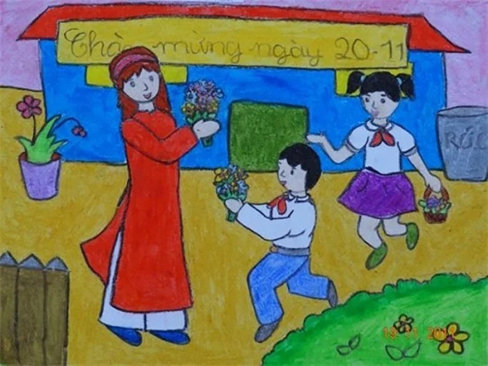 Vẽ tranh học sinh tặng hoa cho cô giáo 