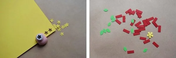 Cắt hình hoa mai và pháo để trang trí thiệp tết