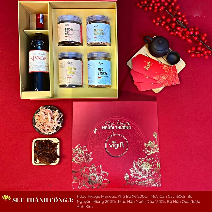 Trang trí sản phẩm bên trong hộp quà tết Vigift