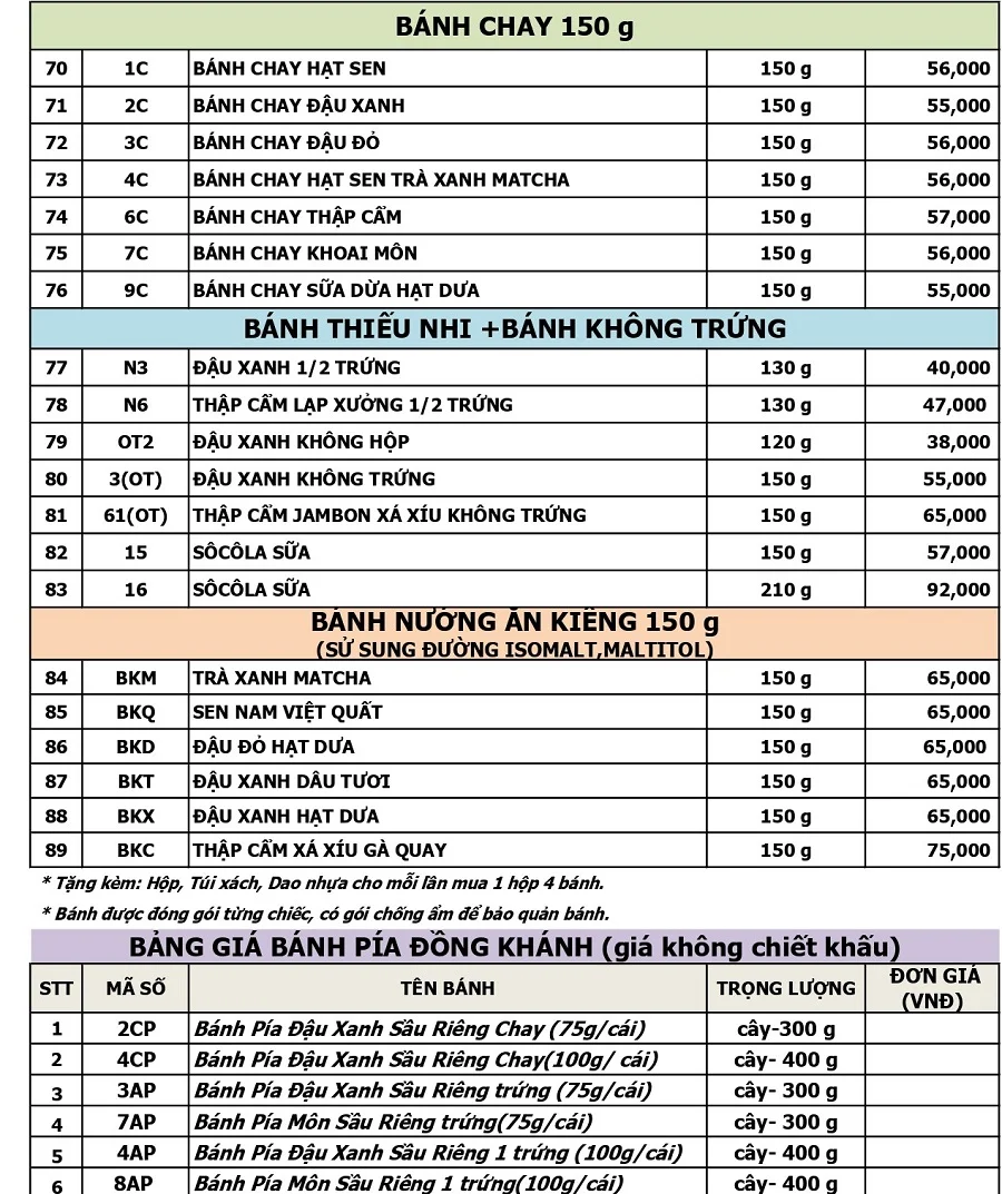 Bàng giá bánh trung thu Đồng Khánh