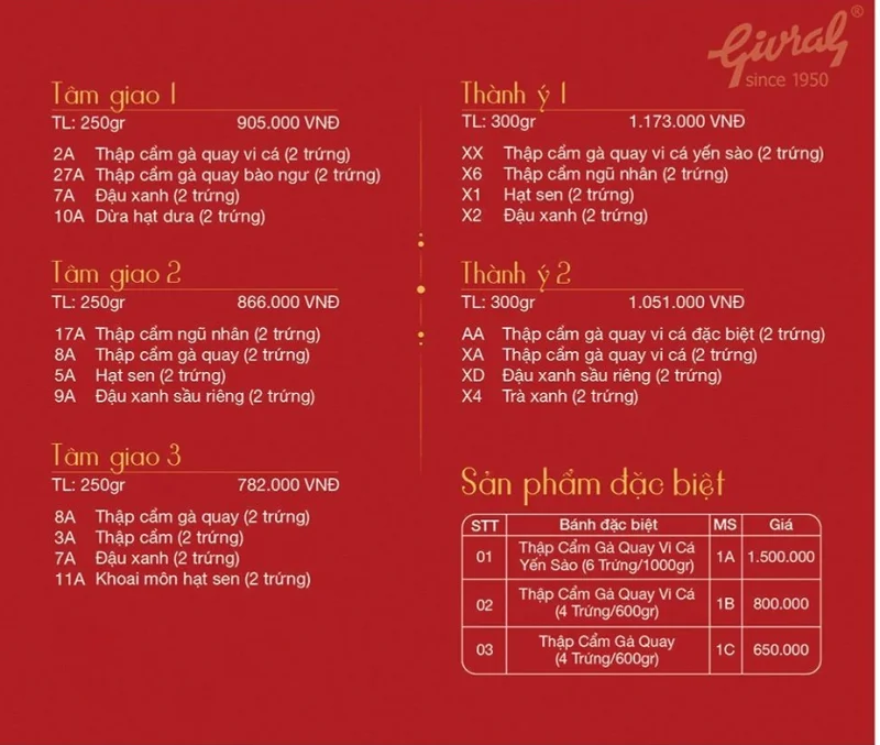 Bảng giá bánh trung thu givral 2023