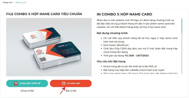 Hướng dẫn sử dụng tính năng đặt in combo Name Card online trên Website của Printgo