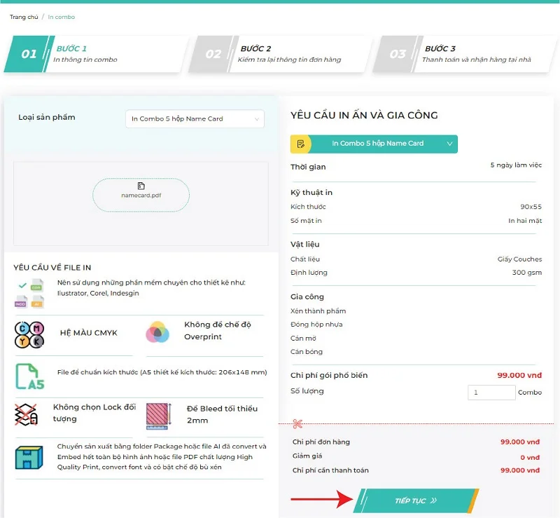 Hướng dẫn sử dụng tính năng đặt in combo Name Card online trên Website của Printgo