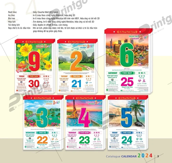 Ruột của lịch Bloc trong bộ sưu tập lịch Hương Trang 2024
