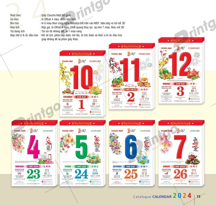 Ruột của lịch Bloc trong bộ sưu tập lịch Hương Trang 2024