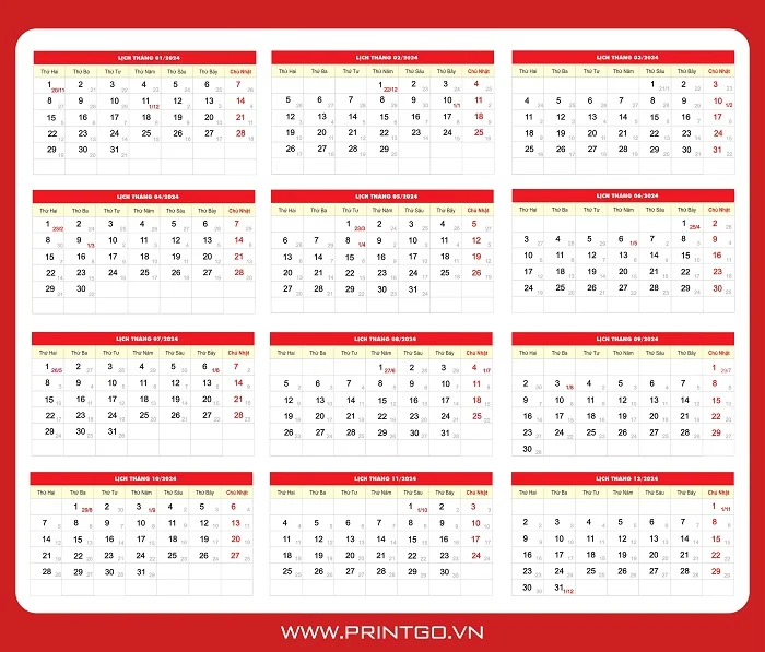 Bộ ảnh lịch vector 2024 đầy đủ