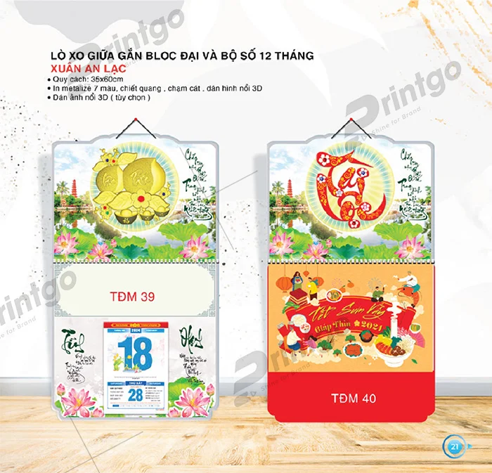 Lịch lò xo giữa gắn bloc đại và bộ số 12 tháng trang nhã