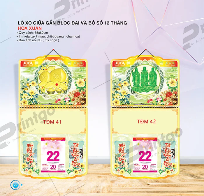 Lịch lò xo giữa gắn bloc đại và bộ số 12 tháng trang nhã