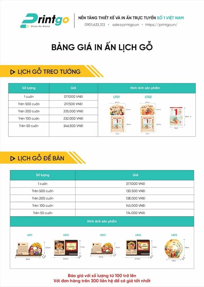 Bảng báo giá lịch gỗ 2024 của Printgo mới nhất hiện nay