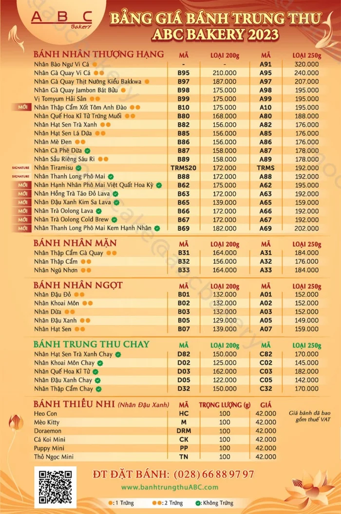 Bảng giá bánh trung thu ABC Bakery năm 2024