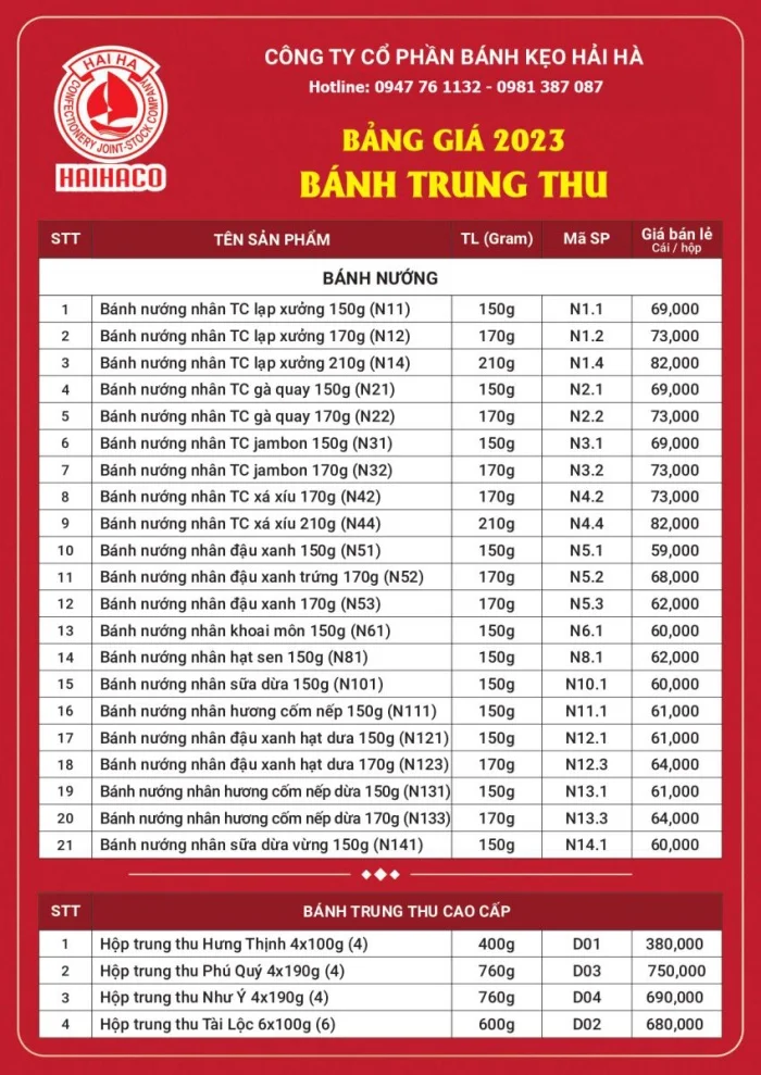 Bảng giá bánh trung thu Hải Hà mới nhất năm 2024