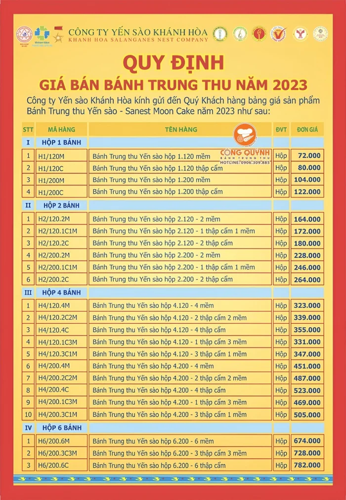 Bảng giá bánh Trung thu Yến sào Khánh Hòa mới nhất năm 2024
