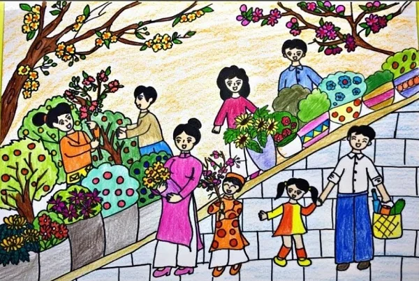 Vẽ tranh đề tài chợ Tết
