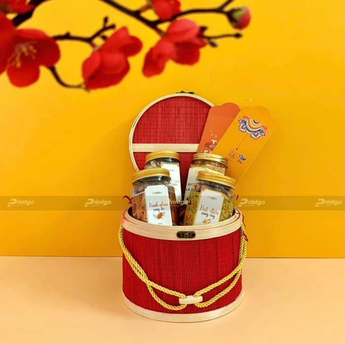 Mẫu hộp quà tết mây tre đan hình tròn