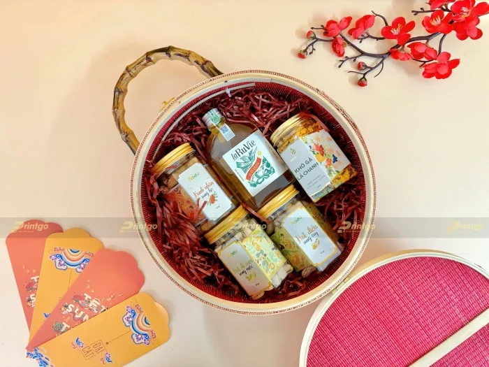 Mẫu hộp quà tết mây tre đan hình tròn