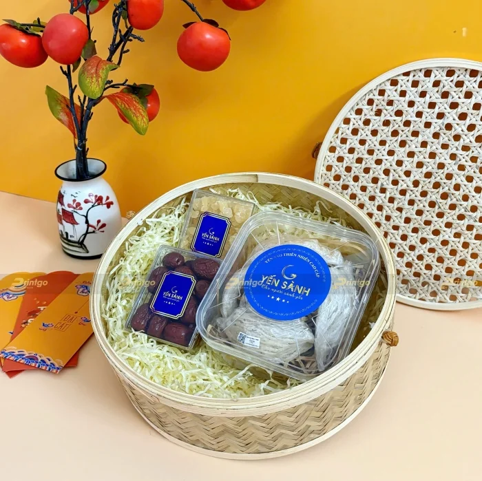 Mẫu hộp quà tết mây tre đan hình tròn