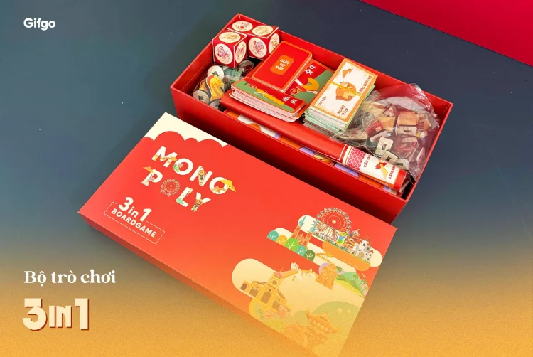 Set quà 3 in 1 bao gồm: Cờ cá ngựa - Bầu tôm cua cá - Cờ tỷ phú