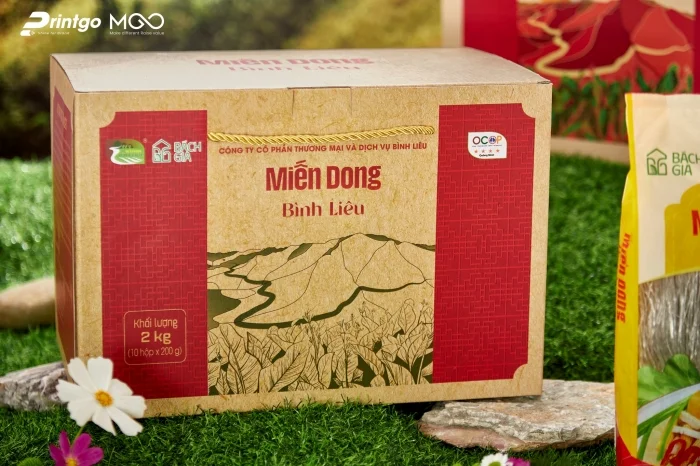 Hộp miến dong Bình Liêu 2kg với quy cách Hộp sóng nắp gài quai xách 