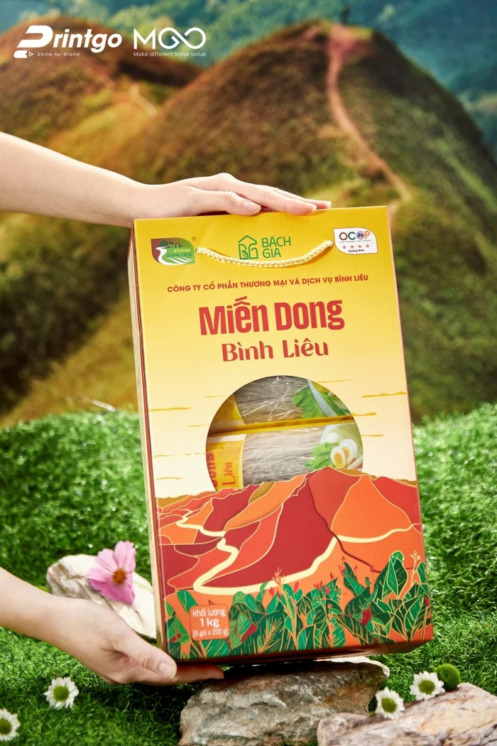 Hộp miến dong Bình Liêu 1kg với quy cách Hộp giấy mềm nắp mở đáy gài quai xách