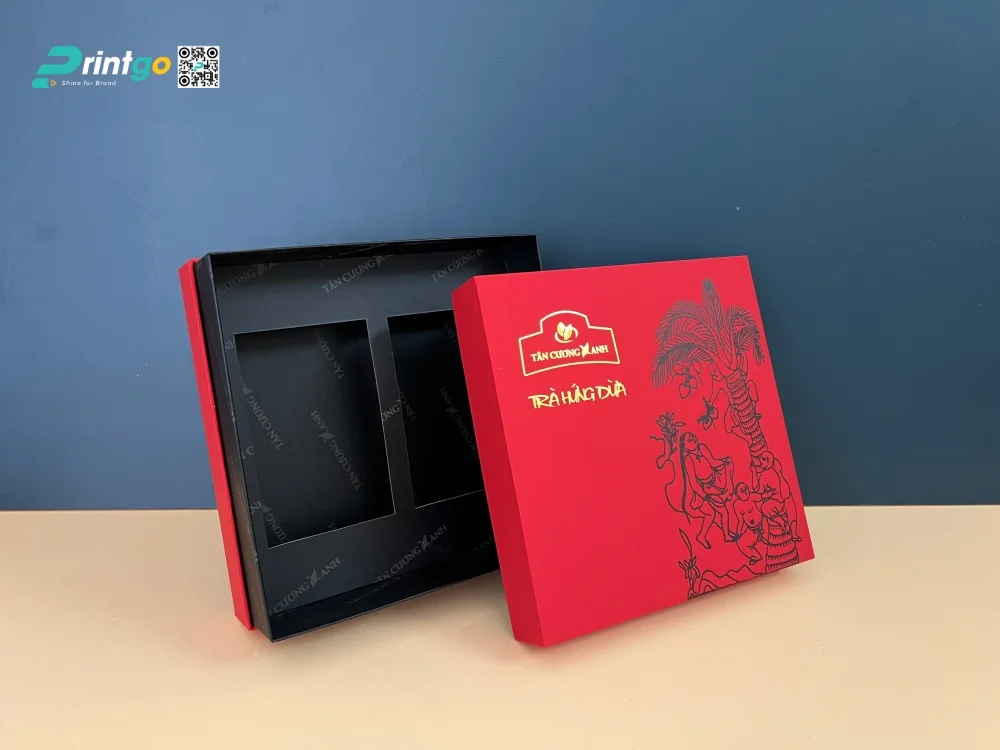 In hộp đựng trà Hứng Dừa với chất liệu giấy mỹ thuật Soft Touch Red