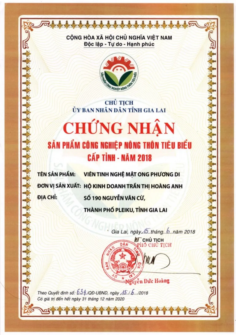 Chứng nhận OCOP 5 sao dành cho Mật ong Phương Di