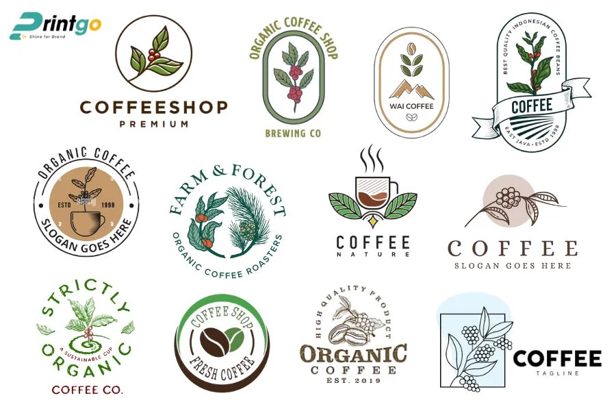 Logo cà phê kết hợp yếu tố thiên nhiên hữu cơ