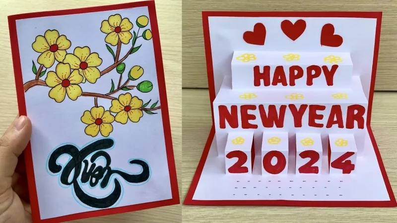 Thiệp chúc mừng năm mới hoa mai vàng chỉn chu 