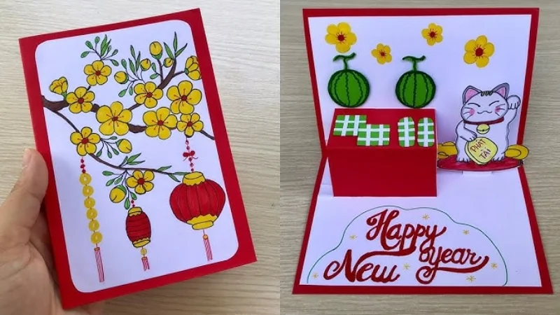 Thiệp Tết mèo thần tài 