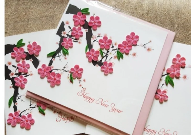 Thiệp Tết cành đào khoe sắc 