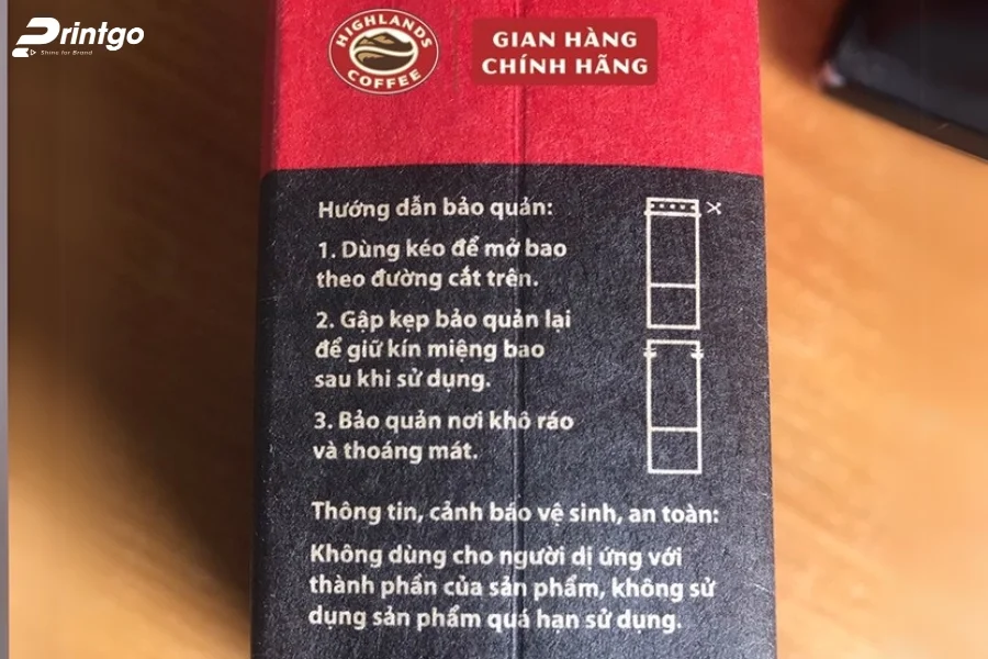 Thông tin trên bao bì cà phê về hướng dẫn sử dụng và bảo quản