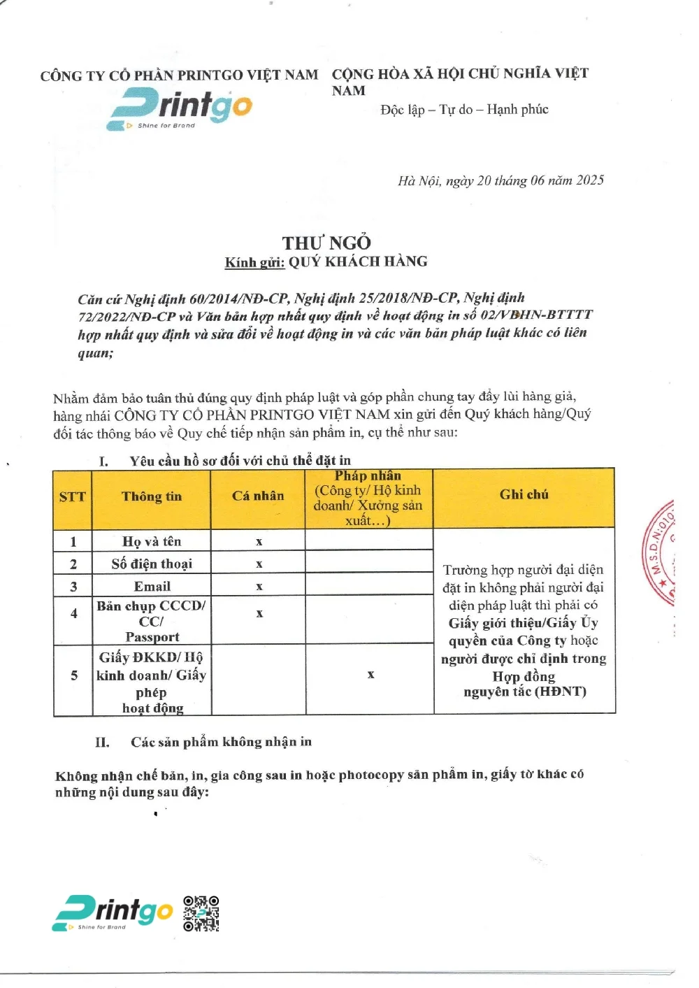 Yêu cầu hồ sơ in ấn của Printgo